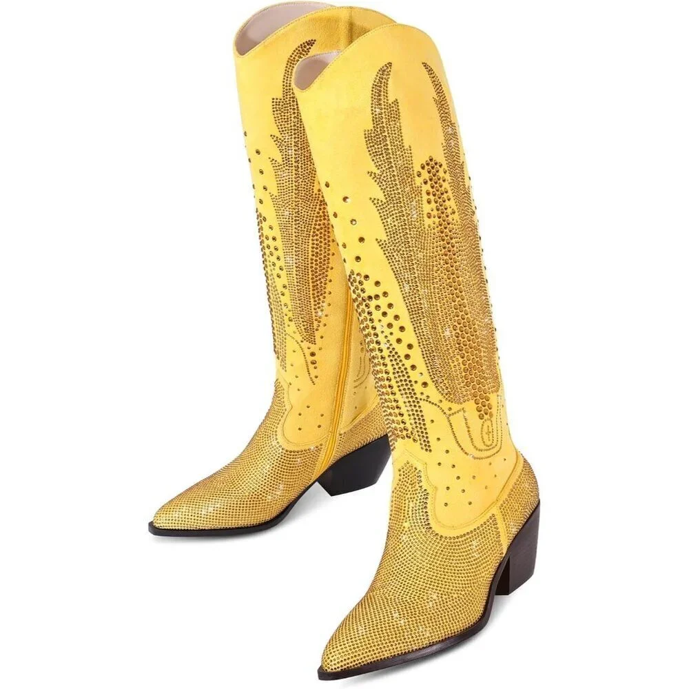 Women Polyurethane Yellow Knee High Pointed Toe Chunky Heel Rhinestone Boot